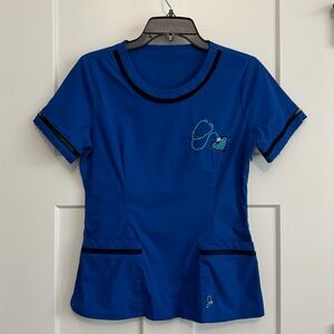 Original Jaanuu Scrub top with pediatric/NICU/L&D baby feet embroidery.